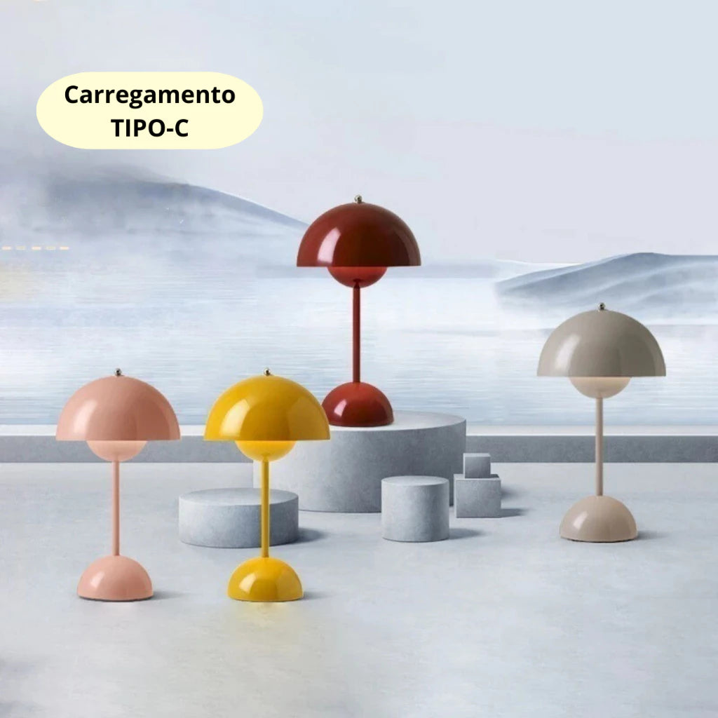 Abajur Luminária de Mesa Cogumelo LED Touch Recarregável - 3 Tons de Luz