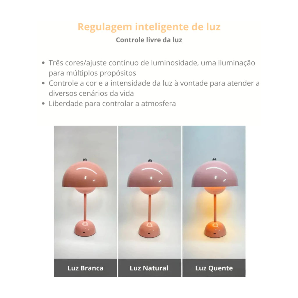 Abajur Luminária de Mesa Cogumelo LED Touch Recarregável - 3 Tons de Luz